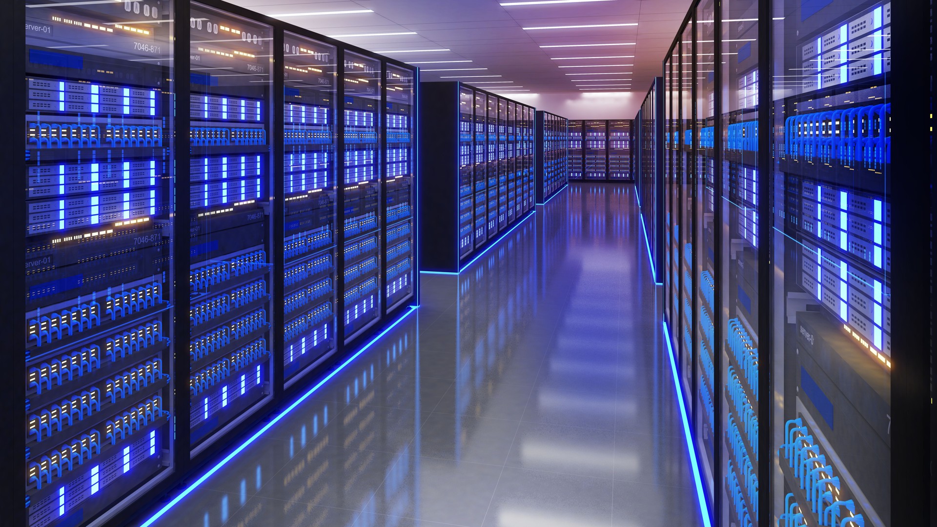 Shot of Data Center With Multiple Rows of Fully Operational Server Racks. Modern Telecommunications, Artificial Intelligence,server room,3d rendering